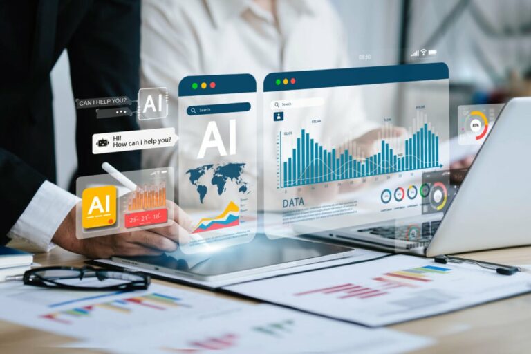 Business people analyze data and big data technology Two businessmen calculate business analysis and display images of complex data sets on a computer on the screen. artificial intelligence