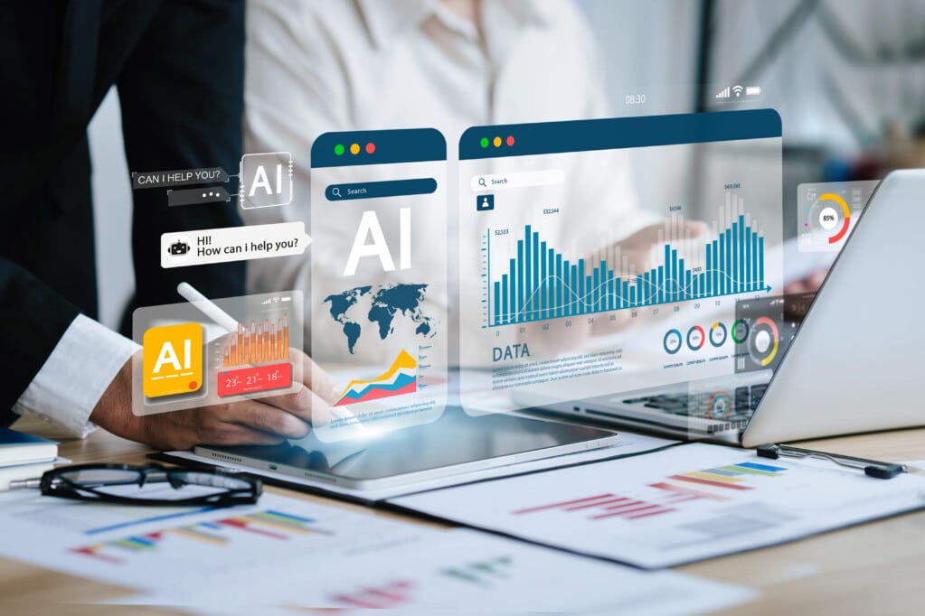 Business people analyze data and big data technology Two businessmen calculate business analysis and display images of complex data sets on a computer on the screen. artificial intelligence