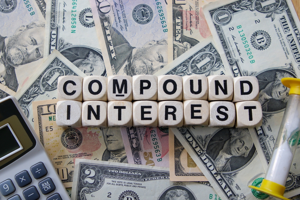 Compound,Interest,Signage,With,A,Calculator,And,Hour,Glass,On