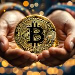 Golden bitcoin held in hands against a digital backdrop, representing innovation in cryptocurrency and financial technology