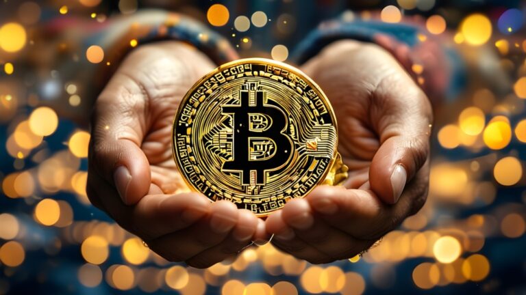Golden bitcoin held in hands against a digital backdrop, representing innovation in cryptocurrency and financial technology